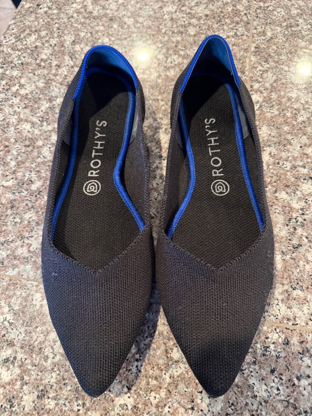 Rothy's Black Pointed Knit Flats with Blue Trim
